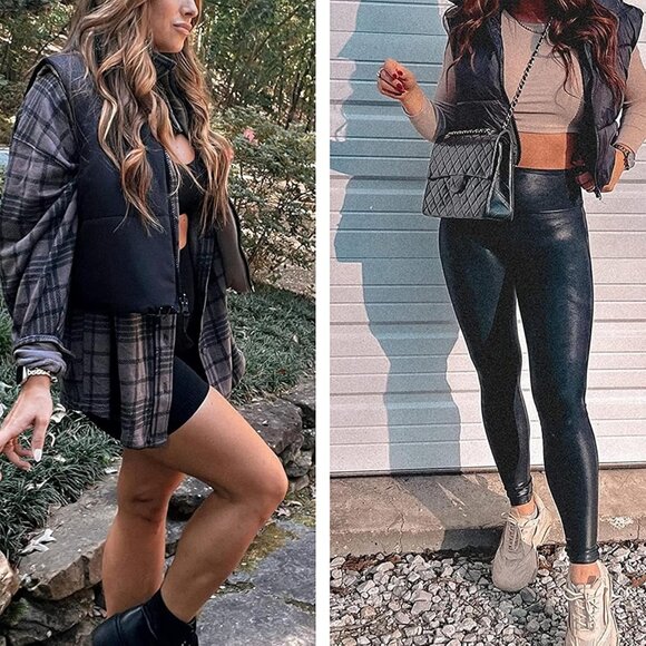 Women's Black Fashion High Neck Zipper Cropped Puffer Vest Jacket Coat Cardigan - Picture 4 of 6